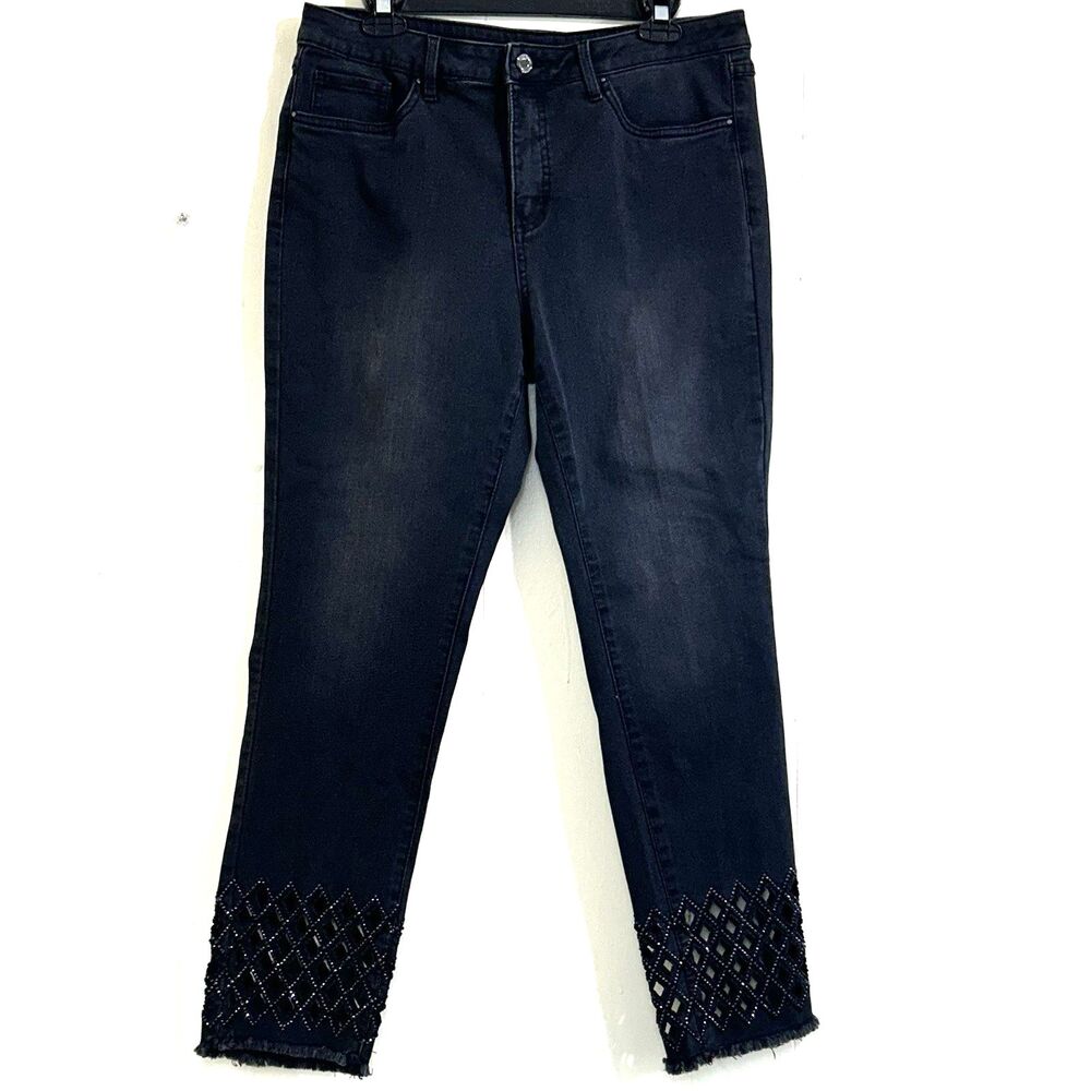 Joseph Ribkoff Jeans Size 12 Black Charcoal Stretch Diamond Cut-out Jean Luxery